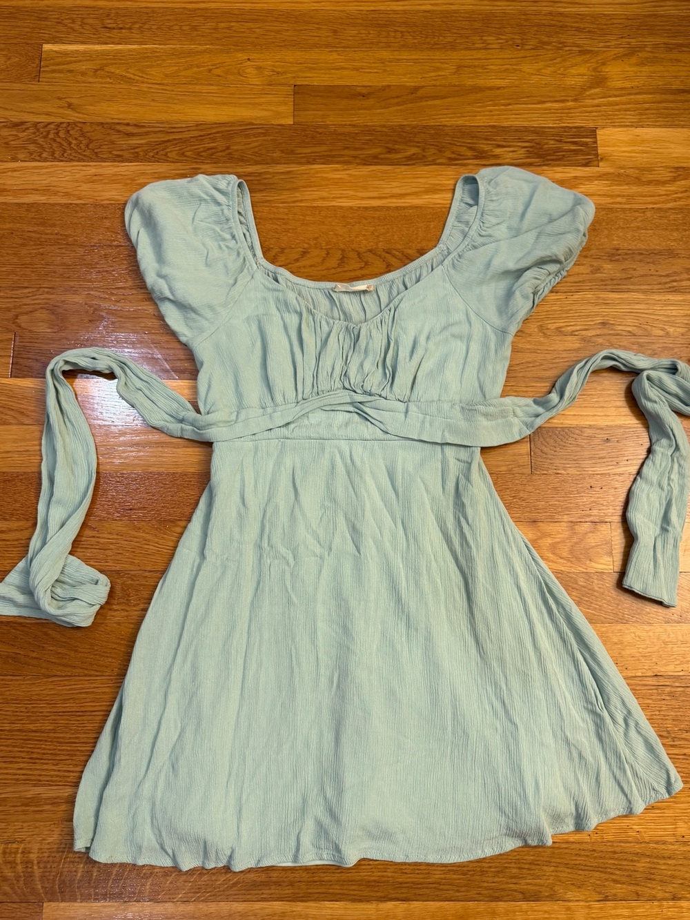 Altar'd State Puff Sleeve Mini Dress Waist Tie in Light Green - Size Medium